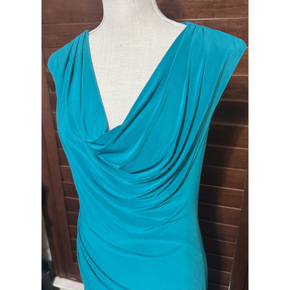 Ronni Nicole Dress teal green sz 8 cowl drape neck ruched knee length stretchy - Picture 2 of 8